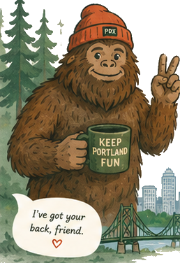 Bigfoot in a PDX beanie holding a Keep Portland Fun mug