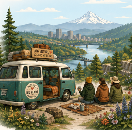 A teal van and friends picnicking above the city